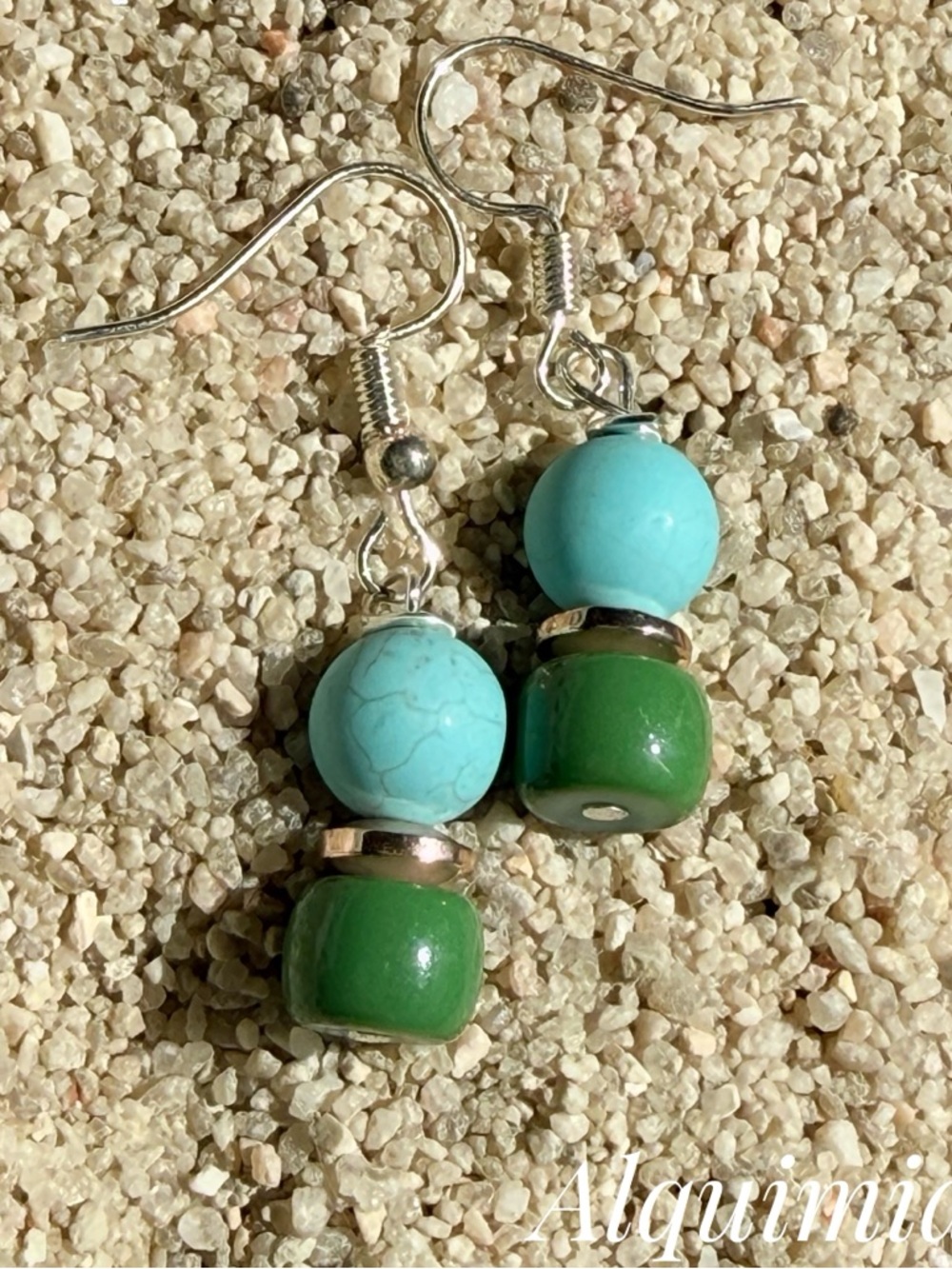 TURQUOISE silver and Blue-Green Bead Dangle Earrings